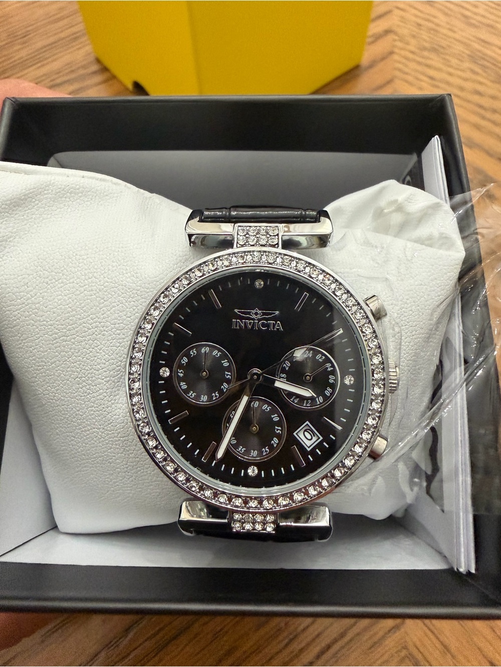 Invicta Celestial Black and Silver Crystal Chronograph Watch with Leather Strap